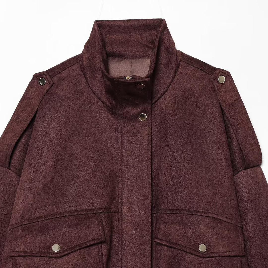 Damen Kurze Boxy-Jacke in Wildlederoptik mit Funnelkragen und Pattentaschen Nord Taschen