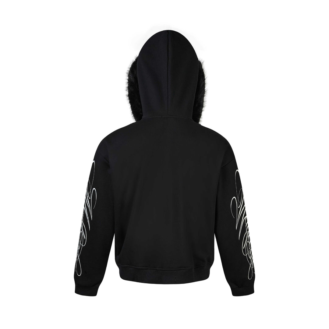 Unisex Oversize Kapuzenjacke aus Baumwollmix mit abnehmbarem Kunstfellbesatz und grafischen Ärmeldrucken Nord Taschen