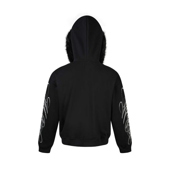 Unisex Oversize Kapuzenjacke aus Baumwollmix mit abnehmbarem Kunstfellbesatz und grafischen Ärmeldrucken Nord Taschen