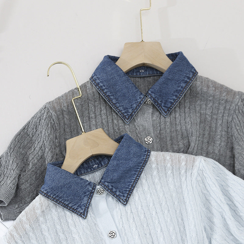 Damen Kurzarm-Strickcardigan mit Zopfmuster und kontrastierendem Jeanskragen Nord Taschen