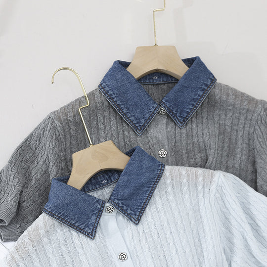 Damen Kurzarm-Strickcardigan mit Zopfmuster und kontrastierendem Jeanskragen Nord Taschen