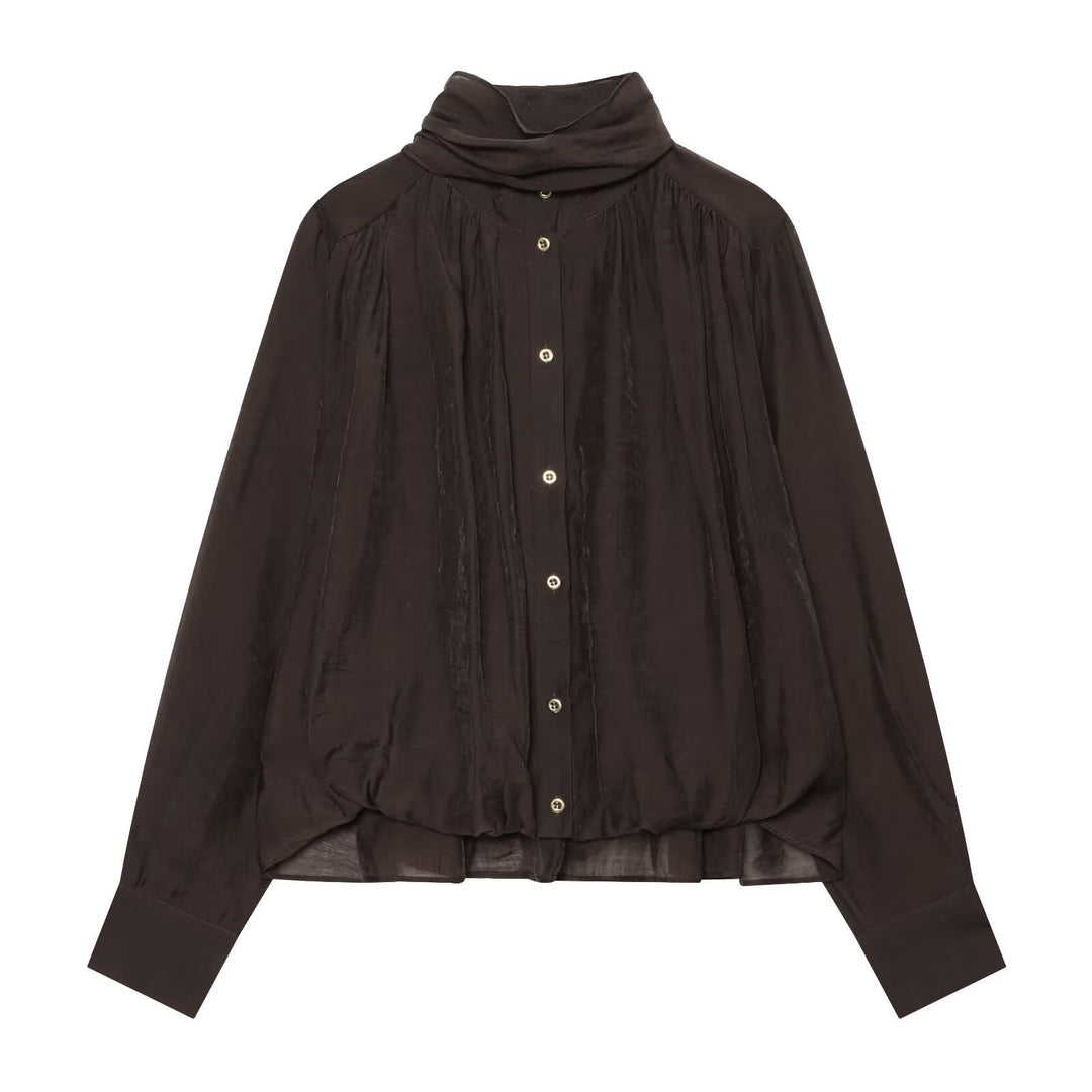 Damen Transparente Bluse mit drapiertem Schlauchkragen, Knopfleiste und Ballonärmeln Nord Taschen