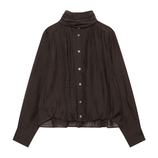 Damen Transparente Bluse mit drapiertem Schlauchkragen, Knopfleiste und Ballonärmeln Nord Taschen