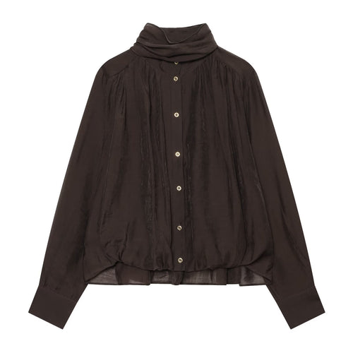 Damen Transparente Bluse mit drapiertem Schlauchkragen, Knopfleiste und Ballonärmeln Nord Taschen