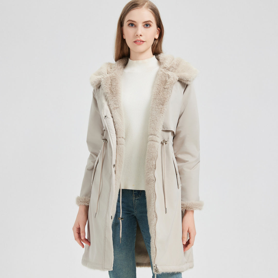 Damen nan taillierter langer Thermoparka mit Webpelzbesatz an Kapuze und Ärmeln sowie Kordeltaille Nord Taschen