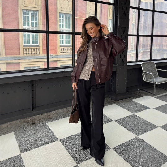 Damen Oversize Lederimitat-Blouson mit Sherpa-Futter, praktischen Pattentaschen & Zweiwege-Reißverschluss Nord Taschen