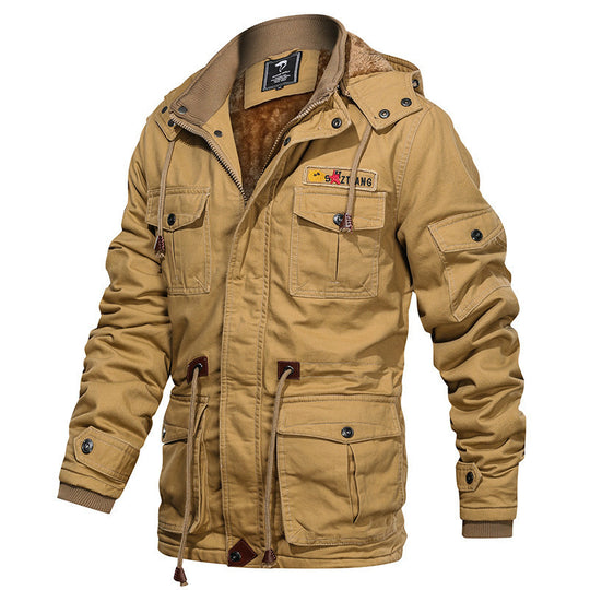 Herren Militärinspirierte Canvas-Fieldjacke mit Kapuze, Kordzug‑Taille und Fleece‑Innenfutter Nord Taschen