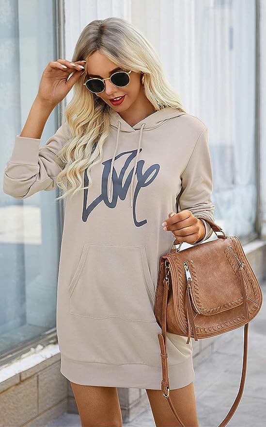 Damen Fleece-Kapuzenkleid mit Kängurutasche, Daumenlochärmeln und Oversize-Sweatshirt-Schnitt Nord Taschen
