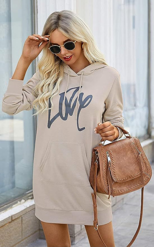 Damen Fleece-Kapuzenkleid mit Kängurutasche, Daumenlochärmeln und Oversize-Sweatshirt-Schnitt Nord Taschen