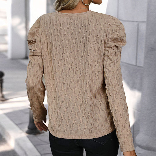 Damen Feinstrick-Longsleeve mit V‑Ausschnitt, zierlicher Ajourstruktur und gerafften Puffärmeln Nord Taschen