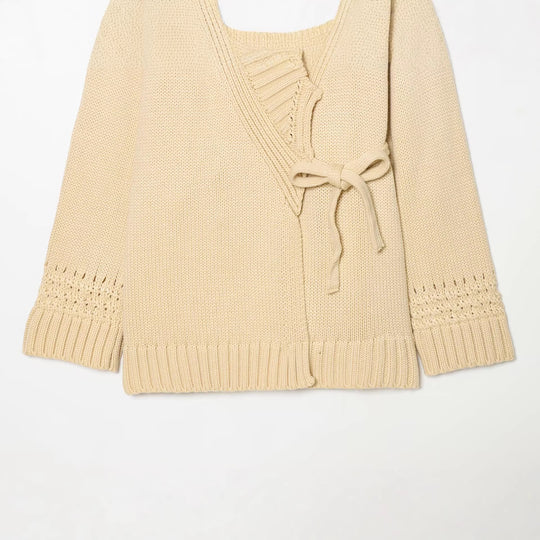Damen Wickel-Strickcardigan mit Schalkragen, Bindegürtel und Häkelärmeln Nord Taschen