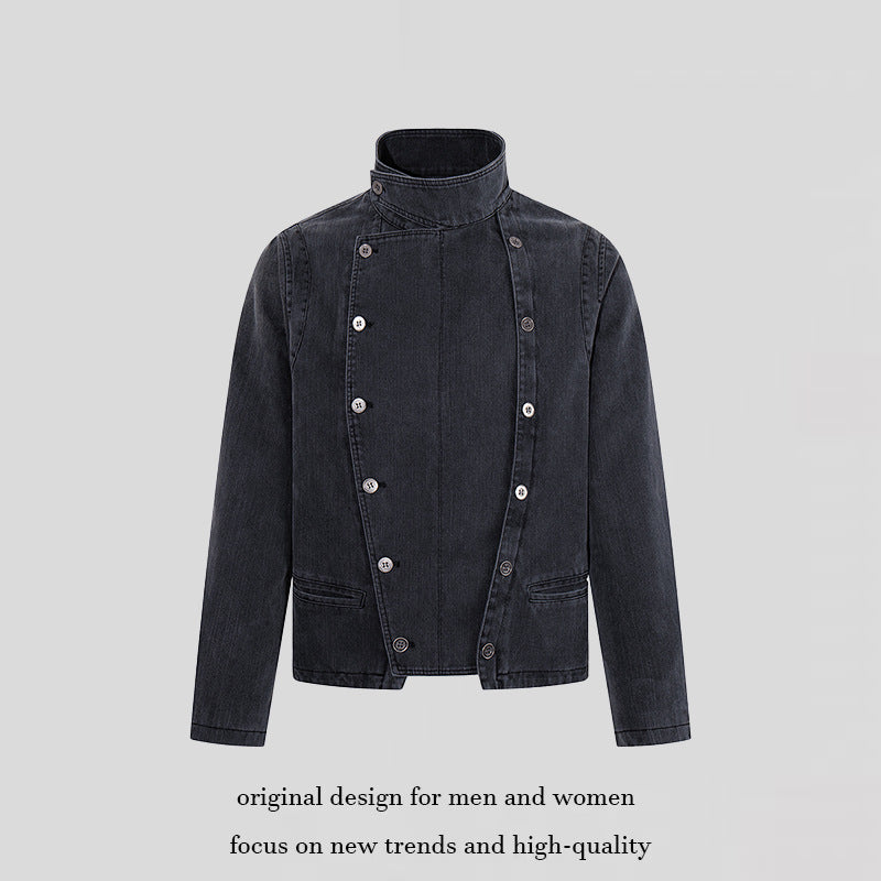 Herren asymmetrische Jeansjacke mit Stehkragen und zweireihiger Druckknopfleiste Nord Taschen