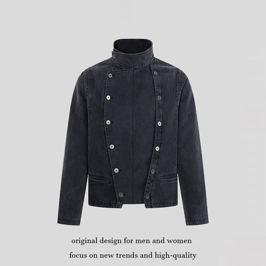 Herren asymmetrische Jeansjacke mit Stehkragen und zweireihiger Druckknopfleiste Nord Taschen