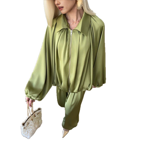 Damen Elegantes Satin-Zweiteiler-Set mit Oversize-Blouson und weiter Palazzo-Hose Nord Taschen