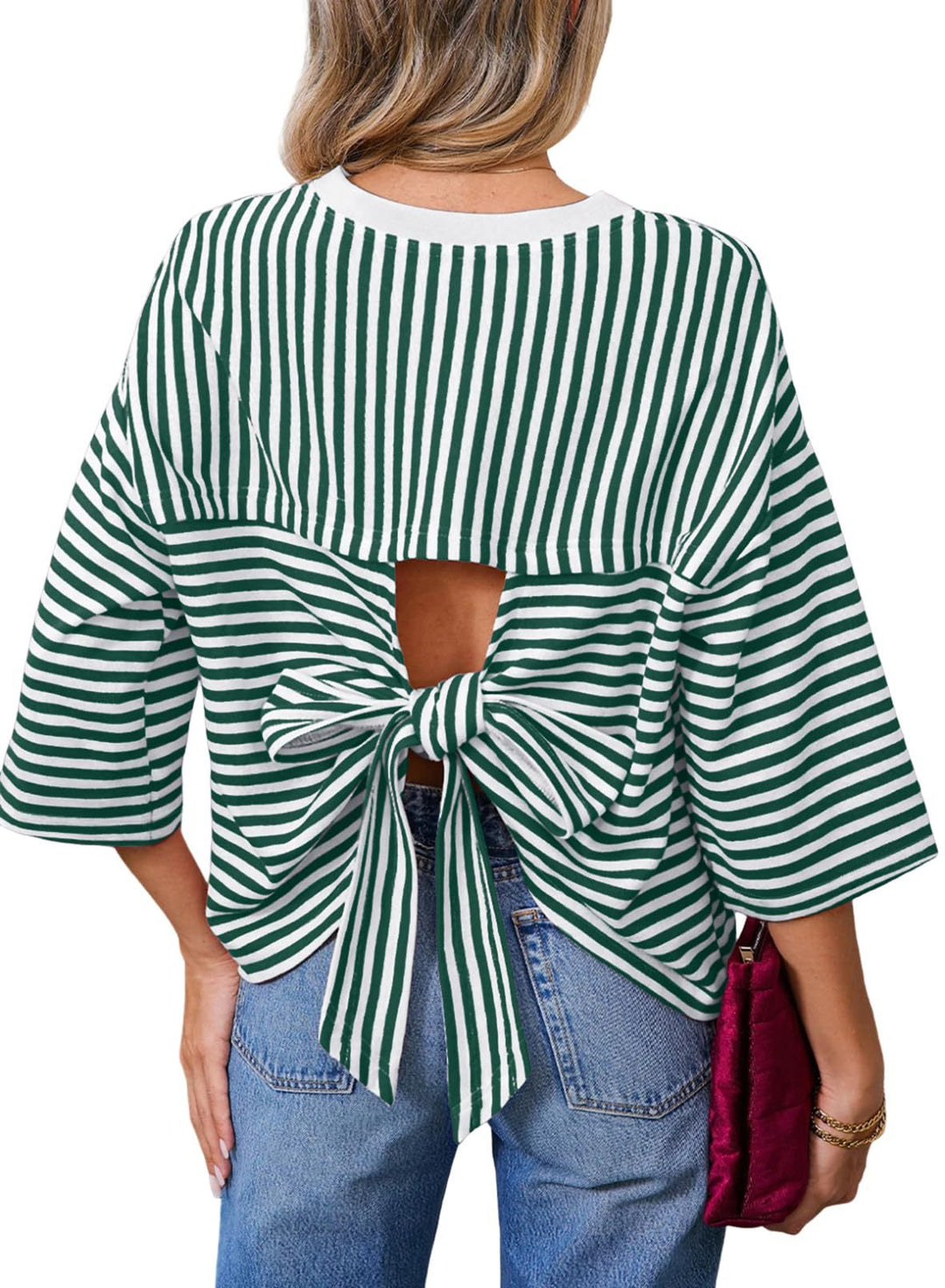 Damen Gestreiftes Oversize-Shirt mit Rückenausschnitt und Schleifenbindung Nord Taschen