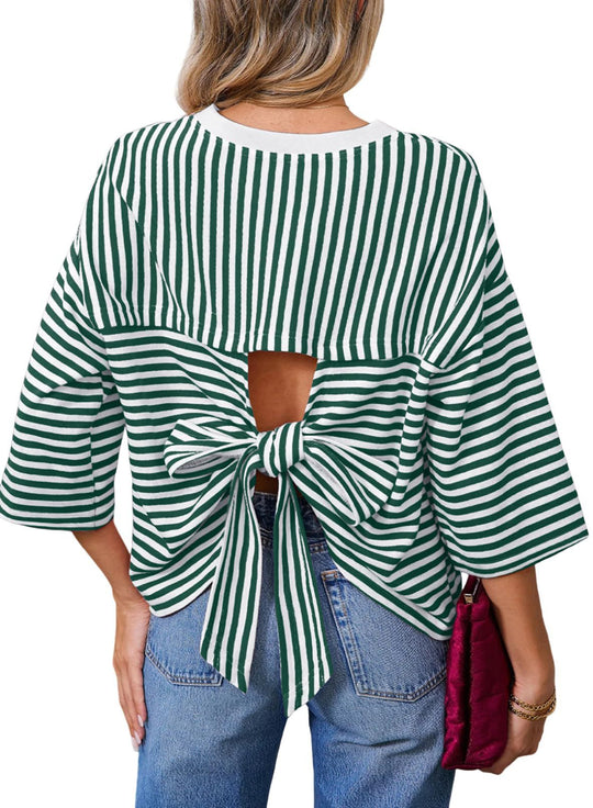 Damen Gestreiftes Oversize-Shirt mit Rückenausschnitt und Schleifenbindung Nord Taschen