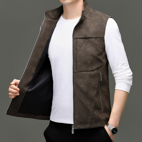 Herren Ärmellose Velours‑Optik Weste mit Hochkragen, durchgehendem Metallreißverschluss & Reißverschlusstaschen Nord Taschen