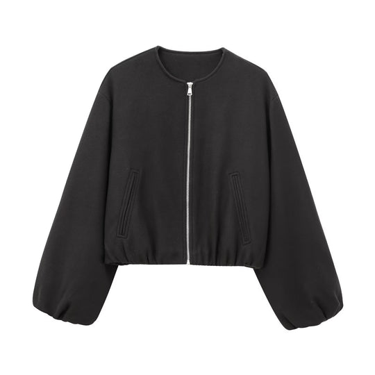 Damen Kurzer Wollmix-Bomber mit Rundhalsausschnitt, Reißverschluss und Ballonärmeln Nord Taschen