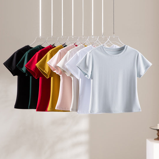 Damen Kurzgeschnittenes Boxy-T-Shirt aus weichem Baumwollstretch mit Rundhalsausschnitt Nord Taschen