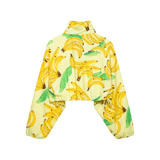 Damen Kurzbluse im Cropped-Boxy-Schnitt mit Banane‑Print, hohem Stehkragen und Tunnelzugsaum Nord Taschen