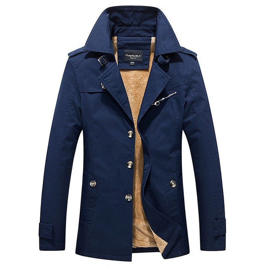 Herren mittellanger doppelreihiger Trenchcoat mit Teddyfutter und Stehkragen Nord Taschen