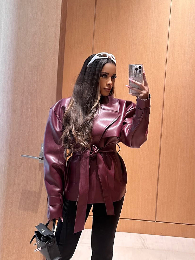 Damen Taillierter Lederimitat-Blouson mit Bindegürtel und voluminöser Schulterpartie Nord Taschen
