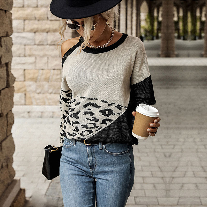 Damen Lässiger Strickpullover mit Leopardenmuster Nord Taschen