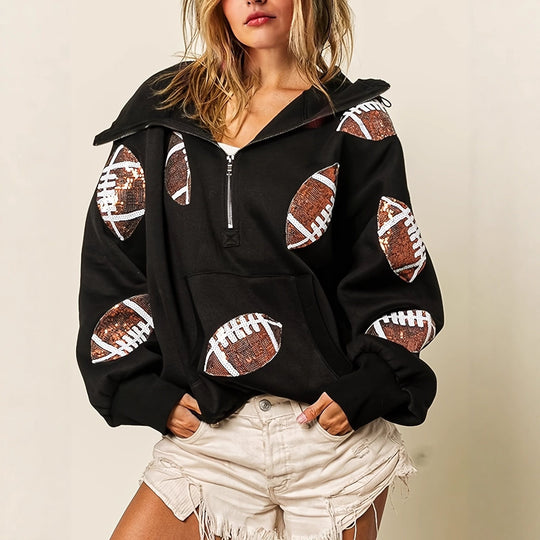 Damen Oversized Kapuzenpullover mit halbem Reißverschluss und Pailletten‑Football-Applikation Nord Taschen