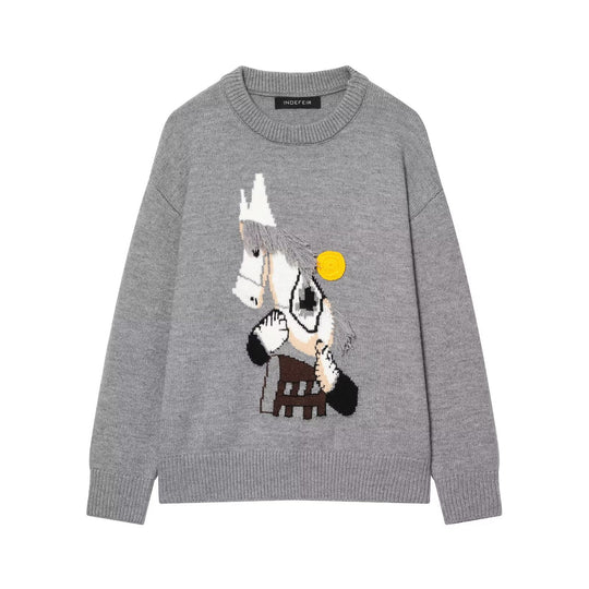 Damen Strickpullover mit Pferde-Motiv und Fransenapplikation, Oversize-Rundhals Nord Taschen