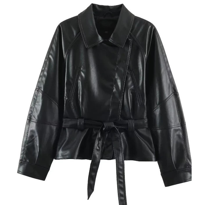 Damen Kurzjacke aus veganem Leder mit Taillengürtel und überschnittenen Schultern Nord Taschen