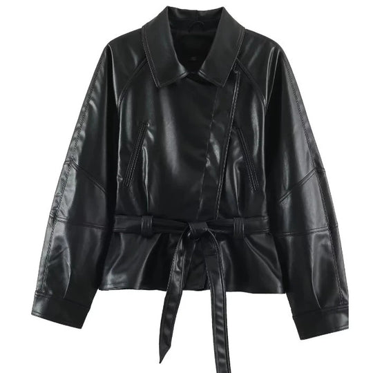 Damen Kurzjacke aus veganem Leder mit Taillengürtel und überschnittenen Schultern Nord Taschen