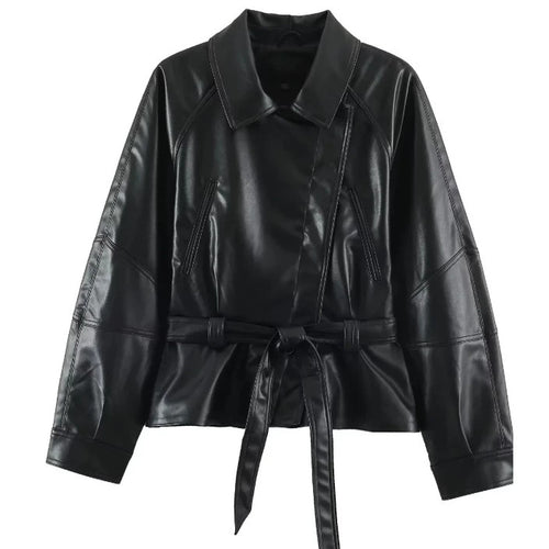 Damen Kurzjacke aus veganem Leder mit Taillengürtel und überschnittenen Schultern Nord Taschen