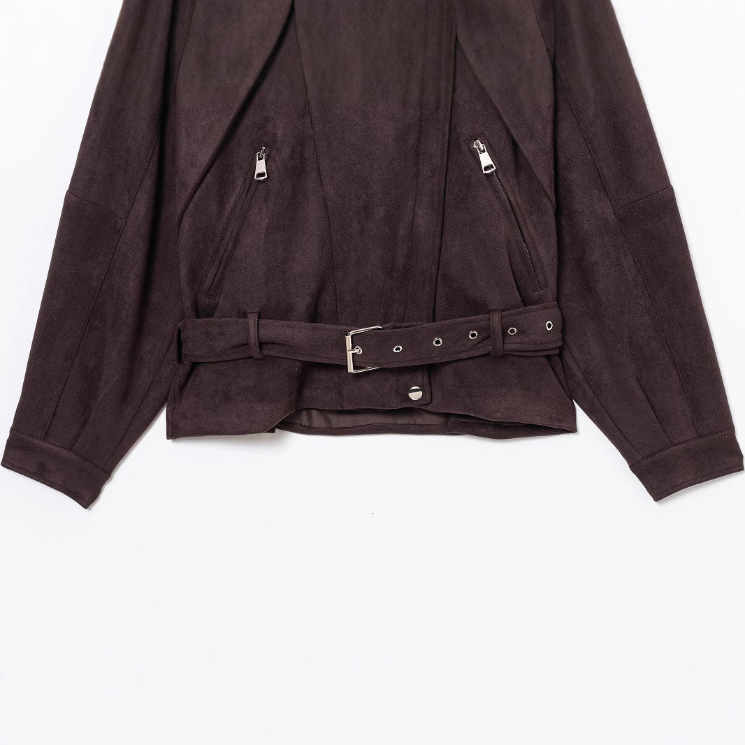 Damen Kurze Wildlederoptik-Trenchjacke mit Taillengürtel und Reißverschluss-Details Nord Taschen