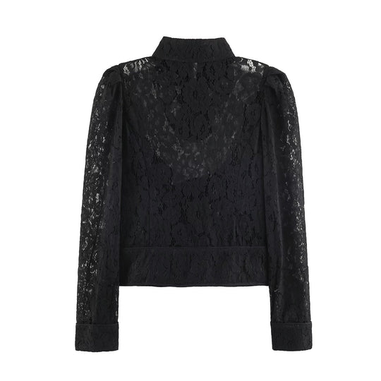 Damen Transparente Spitzenbluse mit Stehkragen, Puffärmeln und Manschetten Nord Taschen