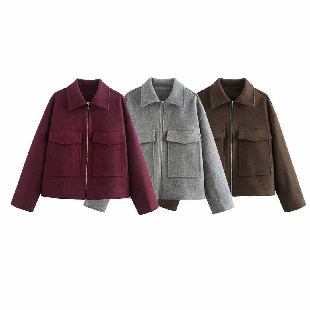 Damen Kurzjacke aus Wollmix mit großen Pattentaschen und durchgehendem Reißverschluss Nord Taschen