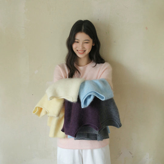 Damen Kurzarm-Flauschpullover mit kastiger Silhouette und Rundhalsausschnitt Nord Taschen