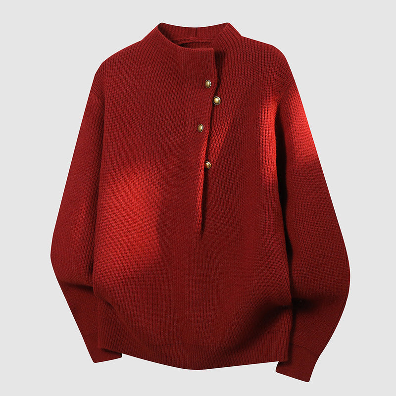 Damen Oversized Feinstrick-Pullover mit asymmetrischer Knopfleiste und Stehkragen Nord Taschen