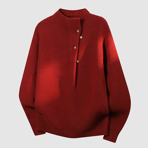 Damen Oversized Feinstrick-Pullover mit asymmetrischer Knopfleiste und Stehkragen Nord Taschen