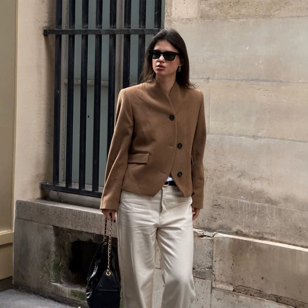 Damen Kurzblazer aus Wollmix mit Stehkragen, kastiger Silhouette & drei Knöpfen Nord Taschen