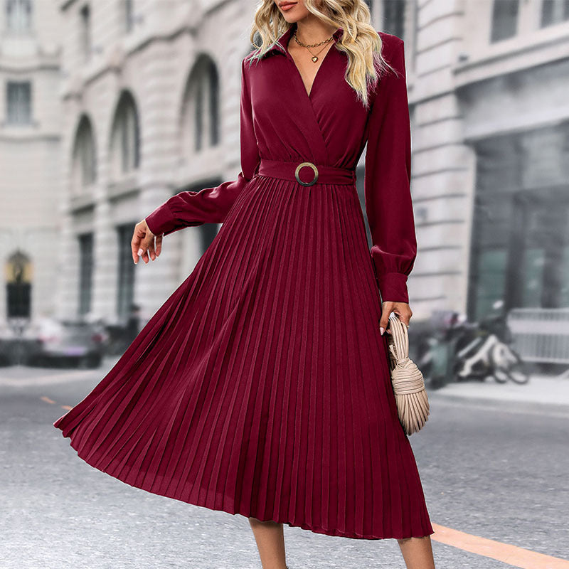 Damen Elegantes Plissee-Kleid mit Gürtel Nord Taschen