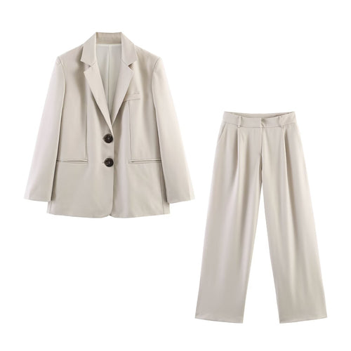Damen Zweiteiliges Business-Anzug-Set mit kastigem Zweiknopf-Blazer und weiter hochgeschnittener Hose Nord Taschen