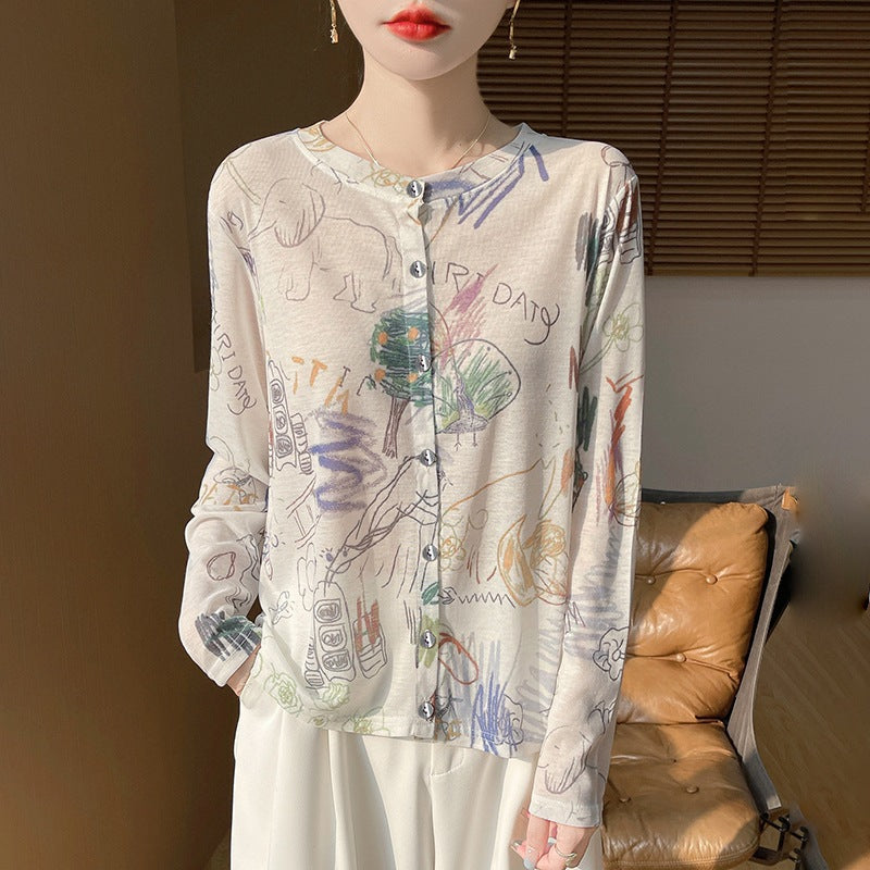 Damen Leichter Aquarell‑Print Feinstrick‑Cardigan mit Rundhalsausschnitt und Knopfleiste Nord Taschen