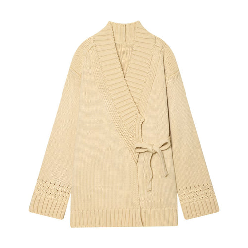 Damen Wickel-Strickcardigan mit Schalkragen, Bindegürtel und Häkelärmeln Nord Taschen