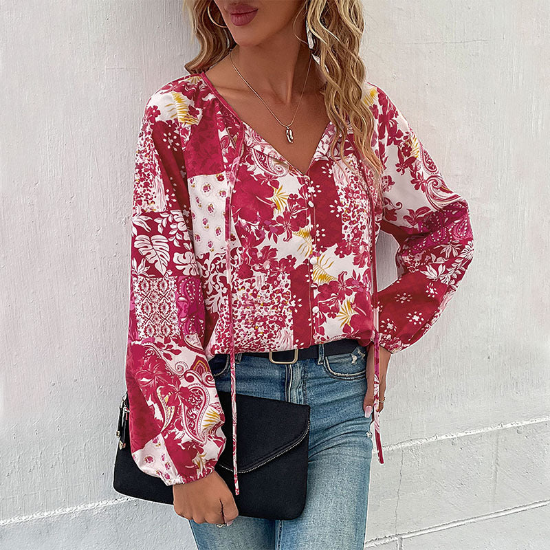 Damen Leichte Boho-Bluse mit Patchwork‑Print, Bindeschlitz und Ballonärmeln Nord Taschen