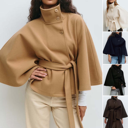 Damen Kurzcape-Mantel mit Stehkragen, Oversize-Ärmeln und Bindegürtel Nord Taschen