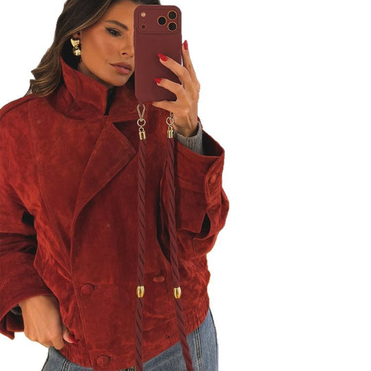 Damen gekürzte Velourslederjacke mit hohem Kragen und doppelreihiger Knopfleiste Nord Taschen