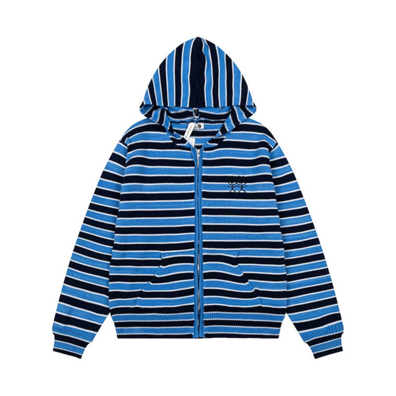 Damen Gestreifte Kapuzen-Strickjacke mit durchgehendem Reißverschluss und Eingrifftaschen Nord Taschen