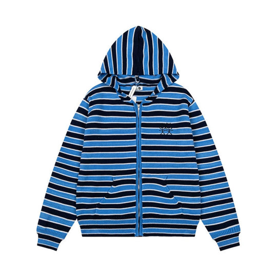 Damen Gestreifte Kapuzen-Strickjacke mit durchgehendem Reißverschluss und Eingrifftaschen Nord Taschen