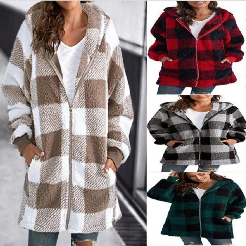 Damen Kariertes Teddy-Fleece-Mantel mit Kapuze und Reißverschluss Nord Taschen