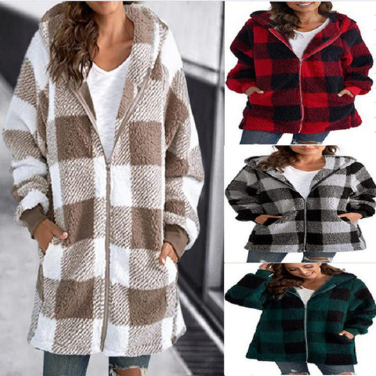 Damen Kariertes Teddy-Fleece-Mantel mit Kapuze und Reißverschluss Nord Taschen